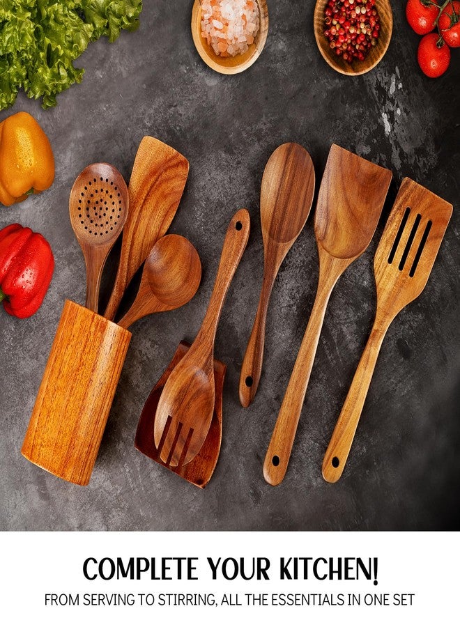 Perfekitsup Wood Spoons for Cooking,9 Pcs Natural Teak Wooden Cooking Utensils Set with Holder ＆ Spoon Rest, Soft Comfort-Grip Wooden Kitchen Utensil Set for Non-Stick Cookware - Image 2