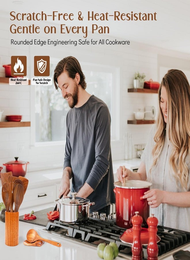 Perfekitsup Wood Spoons for Cooking,9 Pcs Natural Teak Wooden Cooking Utensils Set with Holder ＆ Spoon Rest, Soft Comfort-Grip Wooden Kitchen Utensil Set for Non-Stick Cookware - Image 5