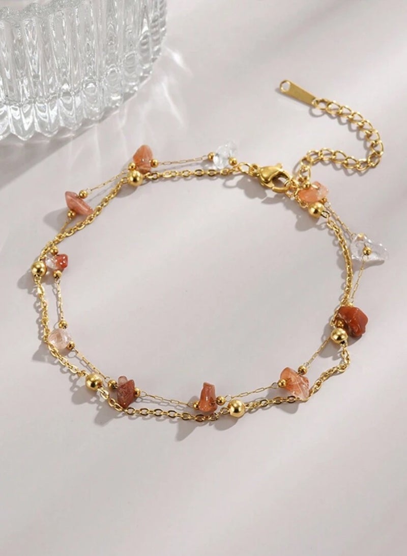 إيكوال خلخال نسائي انيق مصنوع من الاستانلس ستيل مطلي باللون الذهبي مطعم بالاحجار الطبيعية - Image 1