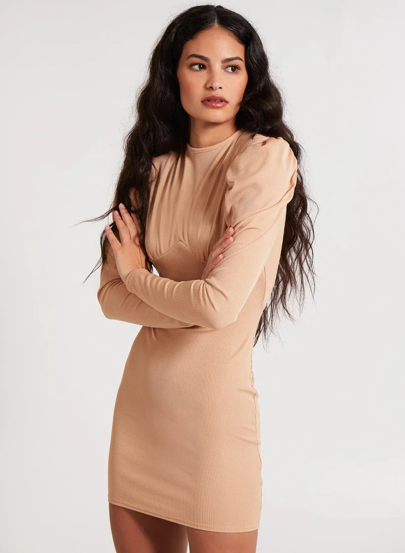 Pink Vanilla  Ribbed Open Back Padded Shoulder Dress for Women | Best Price UAE
