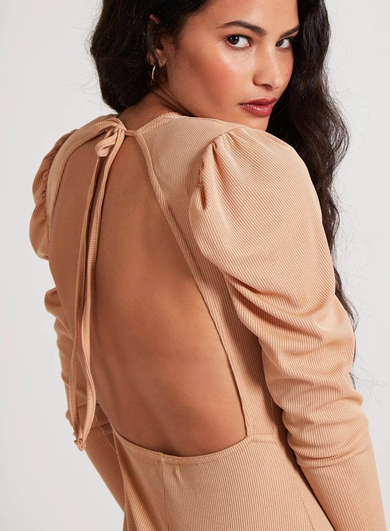 Pink Vanilla  Ribbed Open Back Padded Shoulder Dress for Women | Best Price UAE