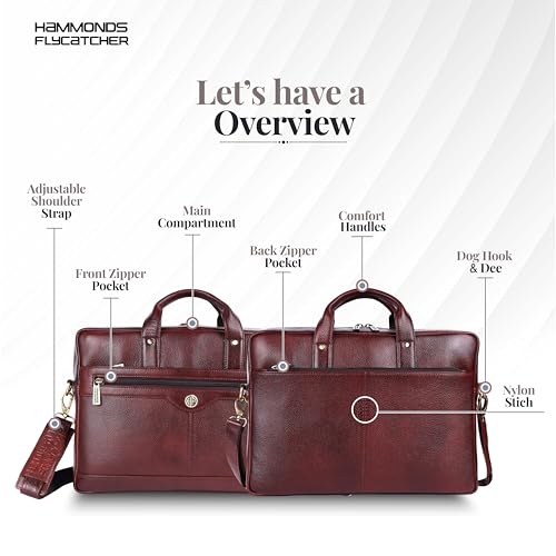 HAMMONDS FLYCATCHER Genuine Leather Office Bag for Men - 15.6 Inch Laptop Bag for Men, Adjustable Strap, Multi Compartments - Ideal for Office, Travel, Daily Use - 1 Year Warranty - Brown - Image 3