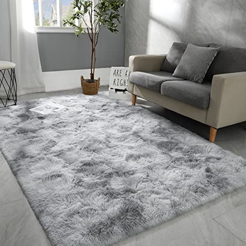 Hutha 6x9 Large Area Rugs for Living Room, Super Soft Fluffy Modern Bedroom Rug, Tie-Dyed Light Grey Indoor Shag Fuzzy Carpets for Girls Kids Nursery Room Home Decor - Image 1