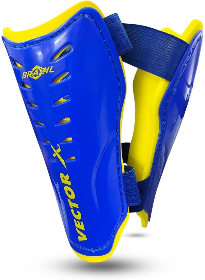 Vector X Adjustable Football Shinguards with Velcro –Kids Soccer Protective Gear| Size Small & Medium | Blue/Yellow - Image 1
