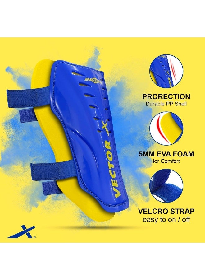 Vector X Adjustable Football Shinguards with Velcro –Kids Soccer Protective Gear| Size Small & Medium | Blue/Yellow - Image 2