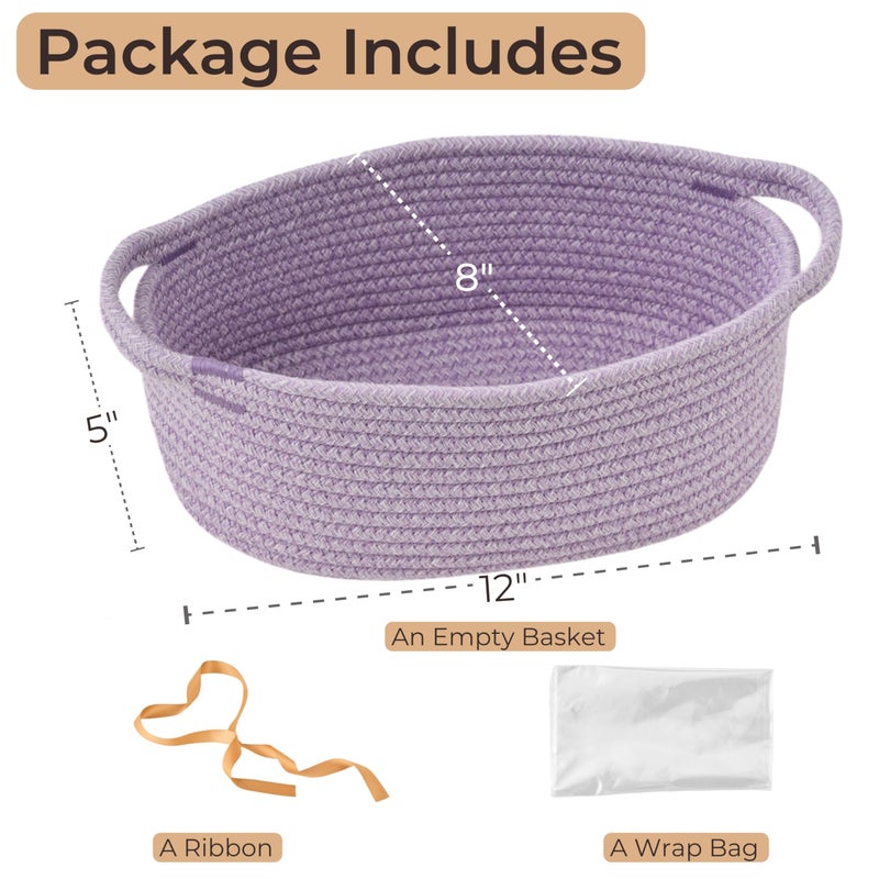 Kodomoore Small Woven Easter Basket with Gift Bag and Ribbon â€“ Empty Burr Basket for Gifts, Baby Shower, & Birthdays â€“ Decorative Rope Storage Organizer for Shelves, 12"x8"x5", Purple - Image 3
