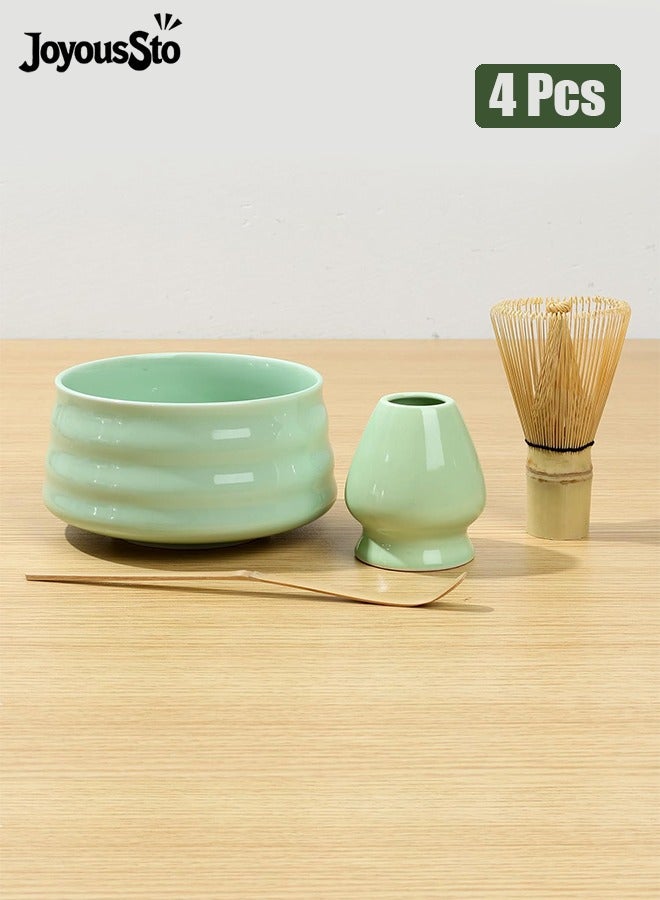 متجر الفرح طقم خفاقة ماتشا، طقم خفاقة ماتشا 4 قطع، خفاقة ماتشا ووعاء مع فوهة صب، حامل خفاقة شاي سيراميك، طقم ماتشا تقليدي - Image 1
