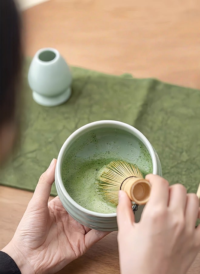 متجر الفرح طقم خفاقة ماتشا، طقم خفاقة ماتشا 4 قطع، خفاقة ماتشا ووعاء مع فوهة صب، حامل خفاقة شاي سيراميك، طقم ماتشا تقليدي - Image 4