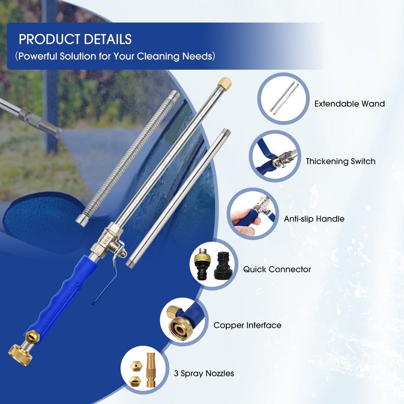 Yiliaw 39" High Pressure Power Washer Wand for Garden Hose, Flexible Jet Nozzle Sprayer with 3 Spray Tips, Gutter Cleaner & Car Wash Hose Attachment (Blue) - Image 5