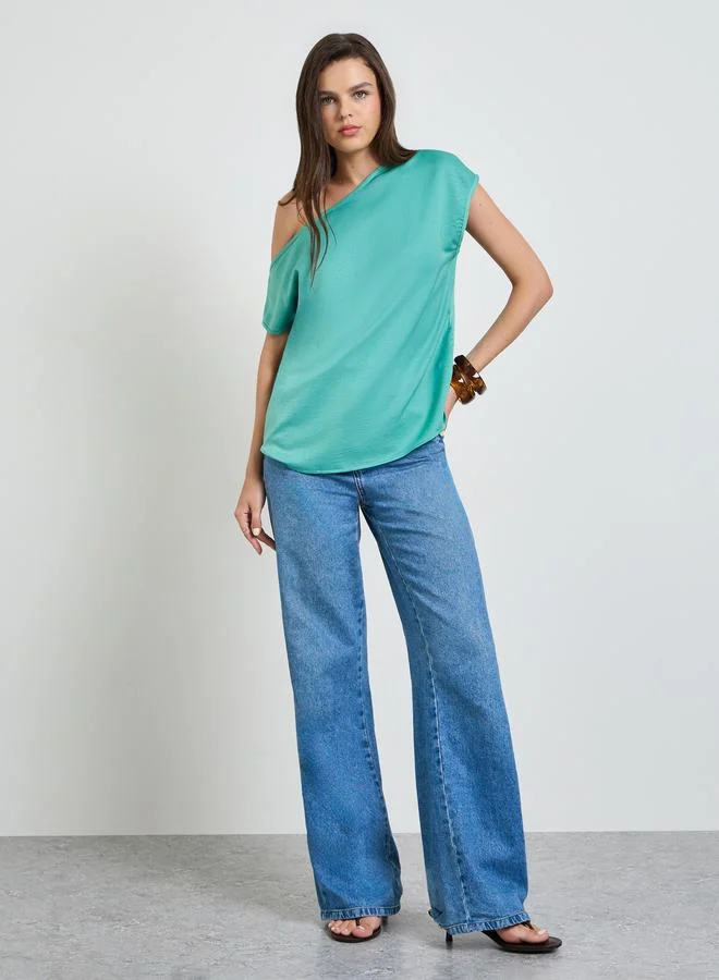 Take Two Green Solid Short Sleeves One Shoulder Top