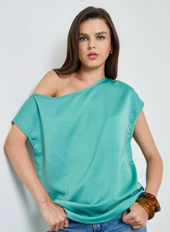 Take Two Green Solid Short Sleeves One Shoulder Top