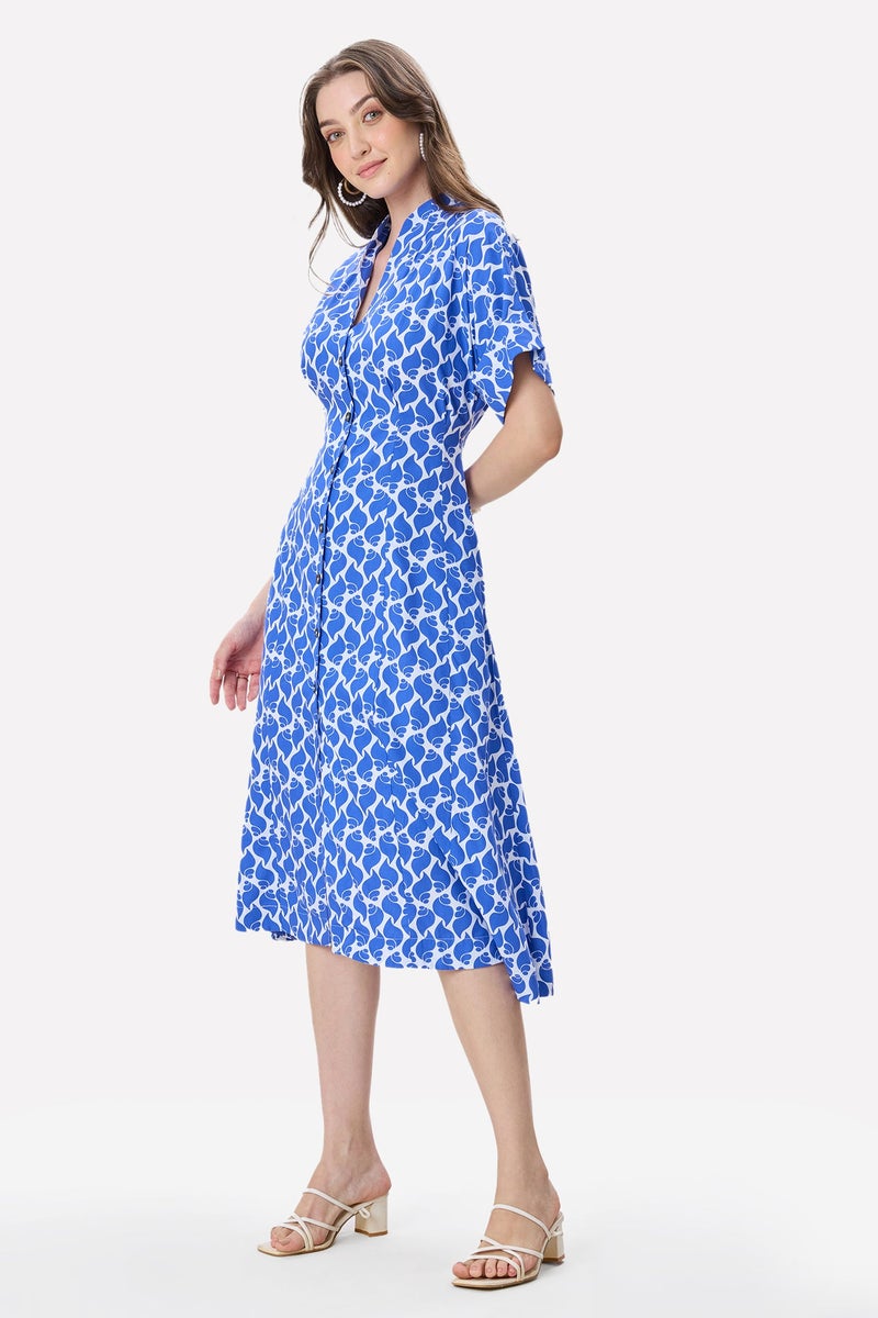 Virgio Tropical Cotton Pleat Detail Midi Dress for Women - Image 3
