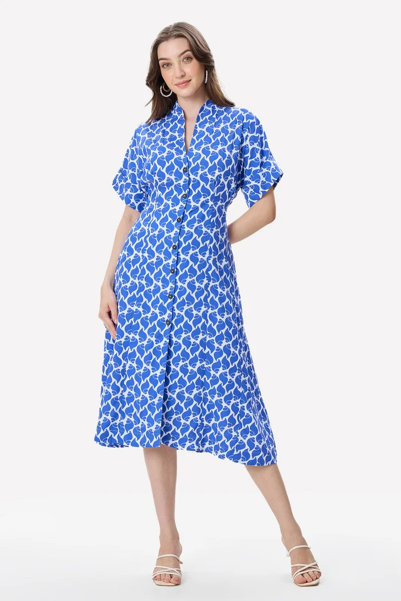 Virgio Tropical Cotton Pleat Detail Midi Dress for Women