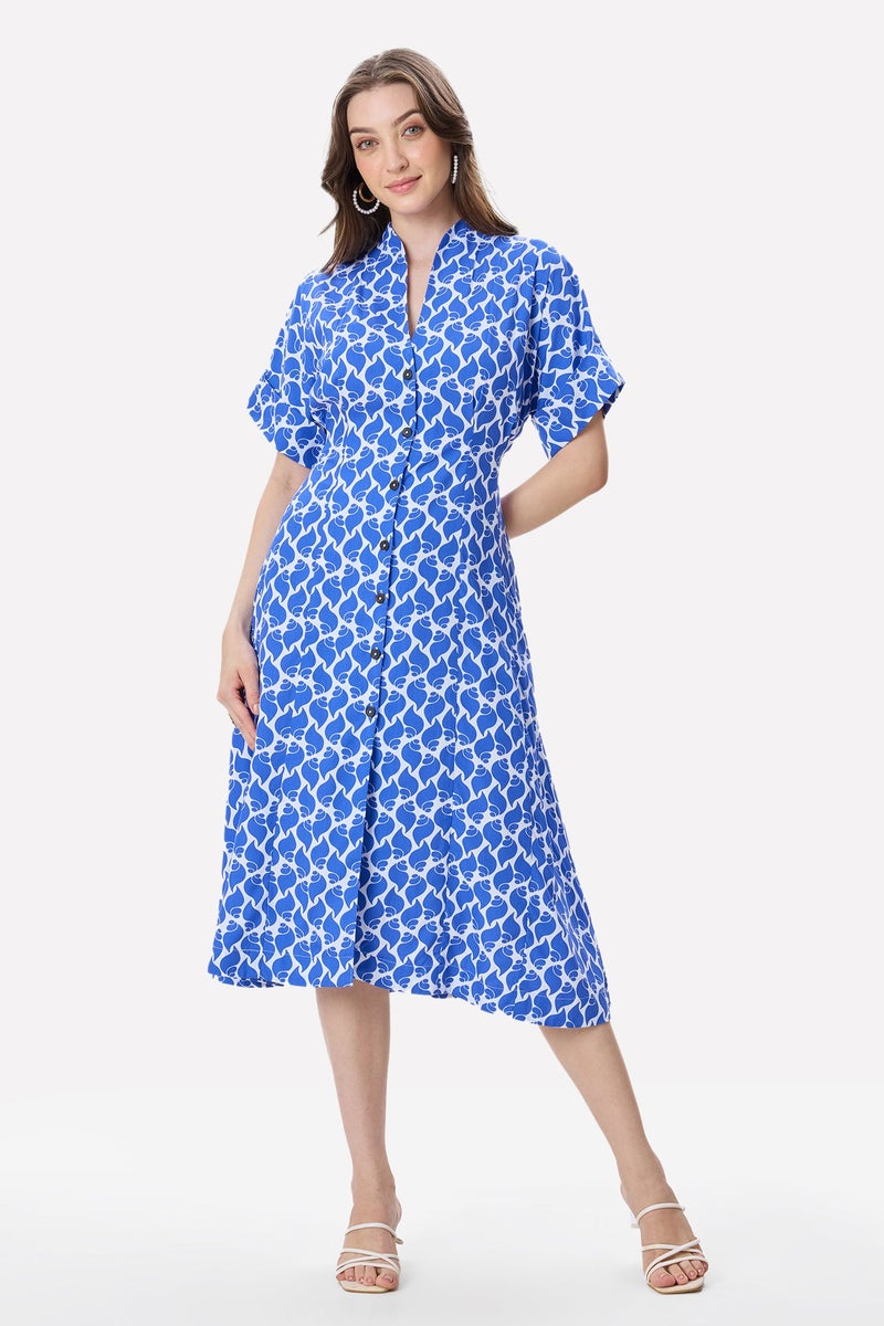 Virgio Tropical Cotton Pleat Detail Midi Dress for Women - Image 2
