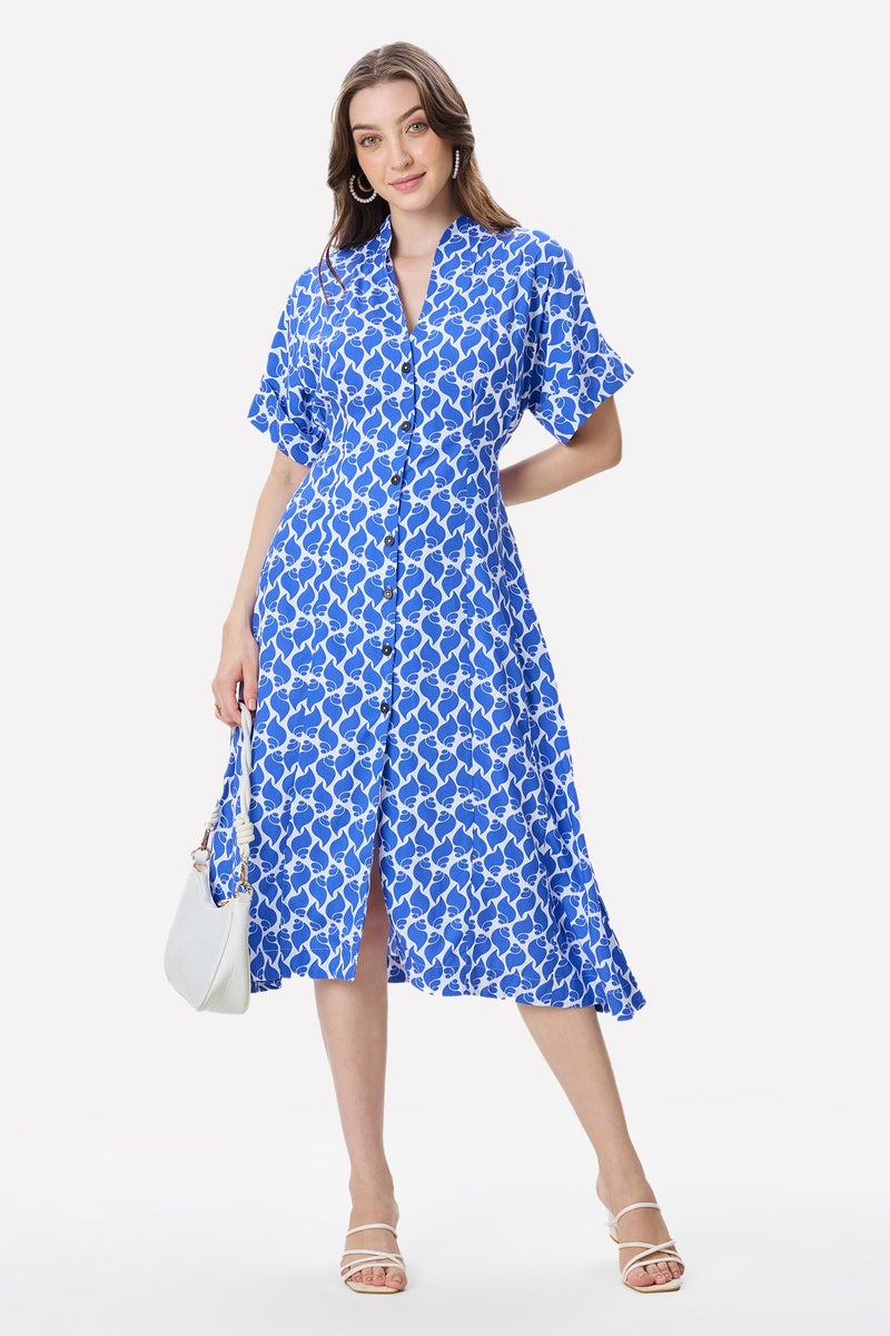 Virgio Tropical Cotton Pleat Detail Midi Dress for Women - Image 1