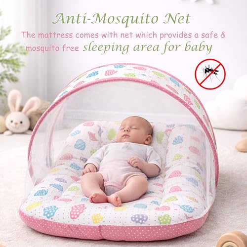 Fareto Combo of Baby Bed with Net | Carry Bag | 4 Pcs Bedding Set (0-6 Months, Baby Size, Cotton) (Peach Sprial) - Image 5
