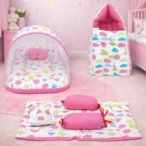 Fareto Combo of Baby Bed with Net | Carry Bag | 4 Pcs Bedding Set (0-6 Months, Baby Size, Cotton) (Peach Sprial) - Image 1