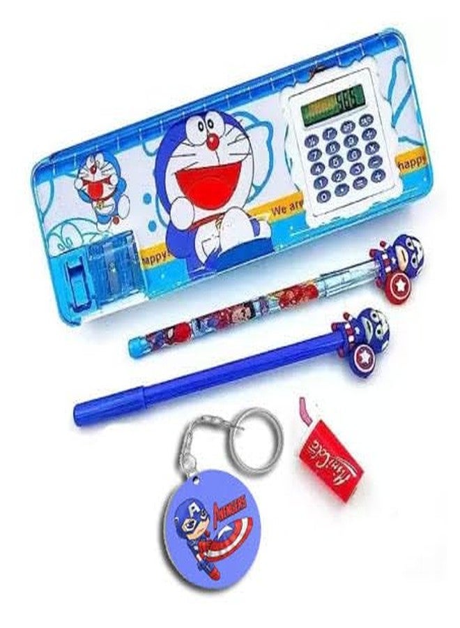 SHUDAUSHI Combo Set of 6 In1 Doremon Pencil Box Combo Integrated Sharpener and Calculator Magnetic Lock Dual Compartments Cartoon with Stationery Pencil Case School Kit for Kids - Image 1