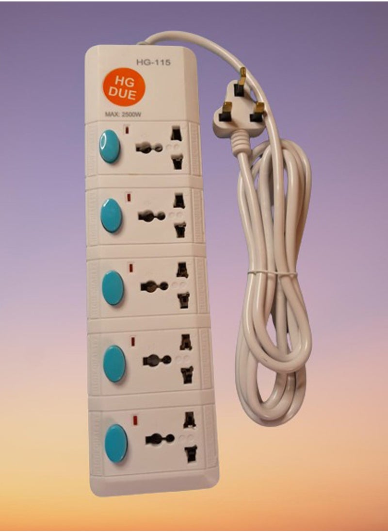 Extension Bar with 5 sockets 3m Wire, 2500W 5 Universal Outlets with 5 Individual Switch and 5 Power Indicator 5  Way Extension Cord Board, Electric Extension Power Strip 250V/ 50/60Hz  Long Length