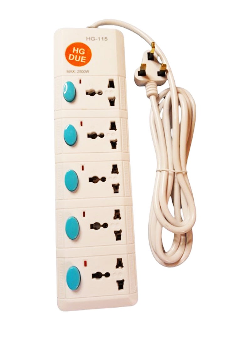Extension Bar with 5 sockets 3m Wire, 2500W 5 Universal Outlets with 5 Individual Switch and 5 Power Indicator 5  Way Extension Cord Board, Electric Extension Power Strip 250V/ 50/60Hz  Long Length