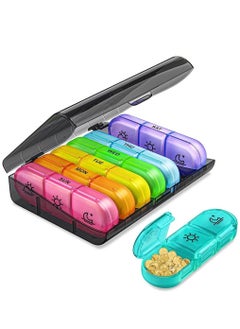 Weekly Pill Organizer 3 Times A Day, Portable Travel Pill Box 7 Day with Large Compartments, Portable Travel Pill Case for Vitamins, Medicine, Fish Oils, Supplements (Black Shell, Color Box)