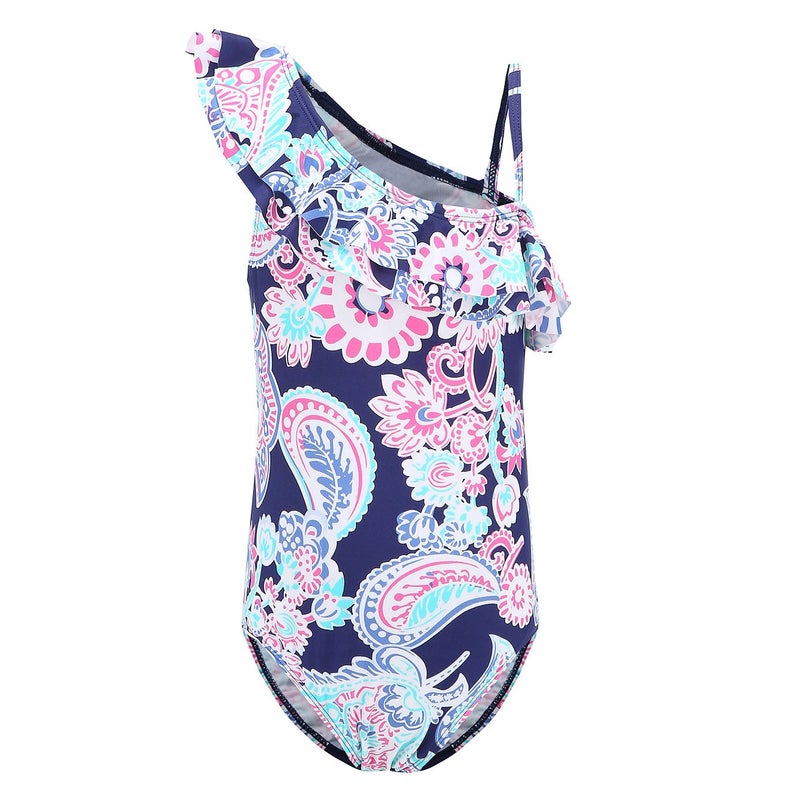 HowJoJo Big Girls One Piece Swimsuits One Shoulder Ruffle Swimwear Floral Bathing Suit Blue Size 10/8-10 - Image 4