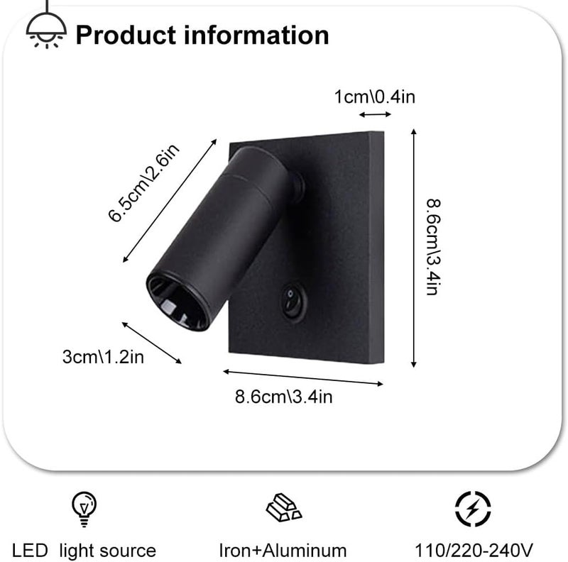 LED Wall Mount Reading Light Adjustable Spotlight, Bedside Sconce with Switch 3W Headboard Spot Lighting, 360°+90° Rotation Lamps for Living Room Bedroom Read(Black) (Black) - Image 4
