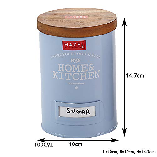 HAZEL Round Grocery Storage Canister Container With Wood Lid, Blue, 1000ML - Image 4