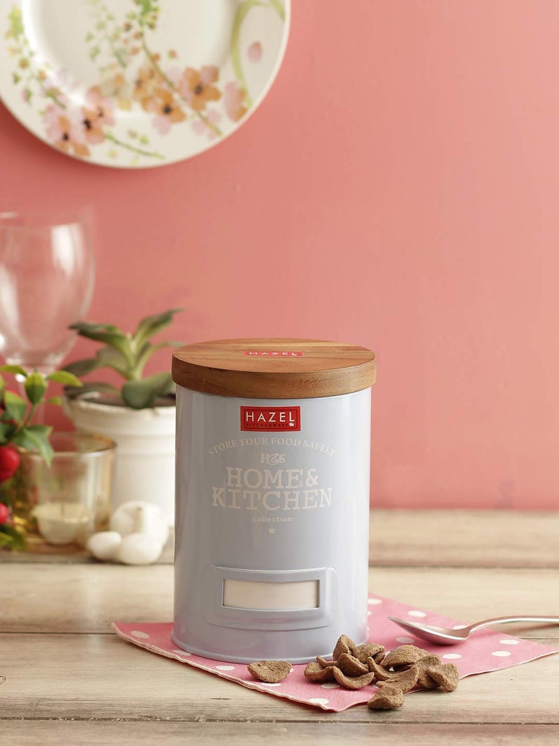 HAZEL Round Grocery Storage Canister Container With Wood Lid, Blue, 1000ML - Image 2