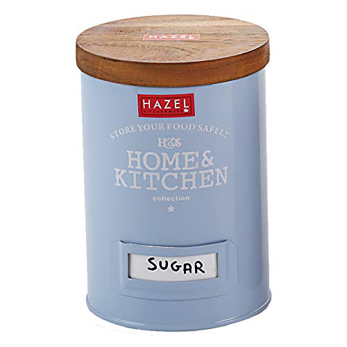 HAZEL Round Grocery Storage Canister Container With Wood Lid, Blue, 1000ML - Image 1