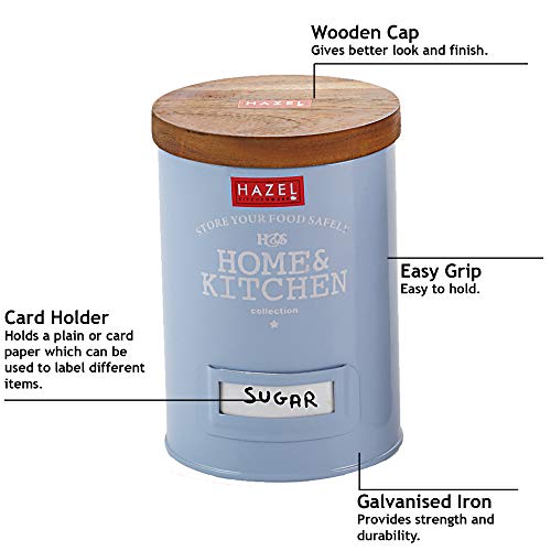 HAZEL Round Grocery Storage Canister Container With Wood Lid, Blue, 1000ML - Image 3