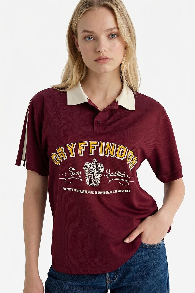 DeFacto Red Woman Harry Potter Polo Collar Printed Oversize T-Shirt Casual - Image 3