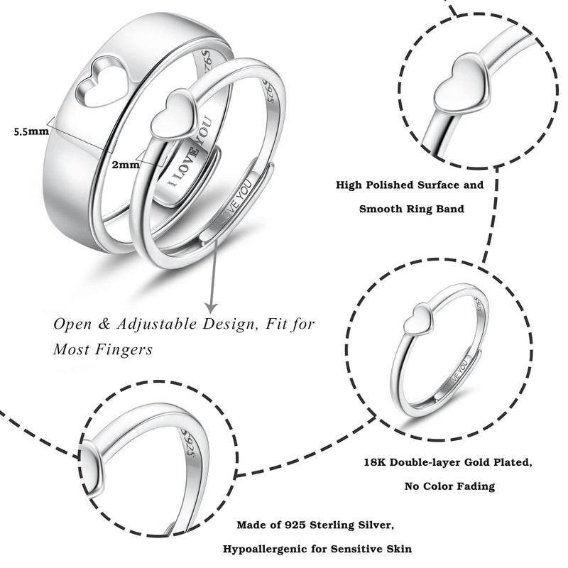 MILACOLATO Matching Rings for Couples 925 Sterling Silver Adjustable Matching Heart Promise Ring I Love You Engagement Wedding Ring for Him and Her Valentines Day Gifts - Image 3