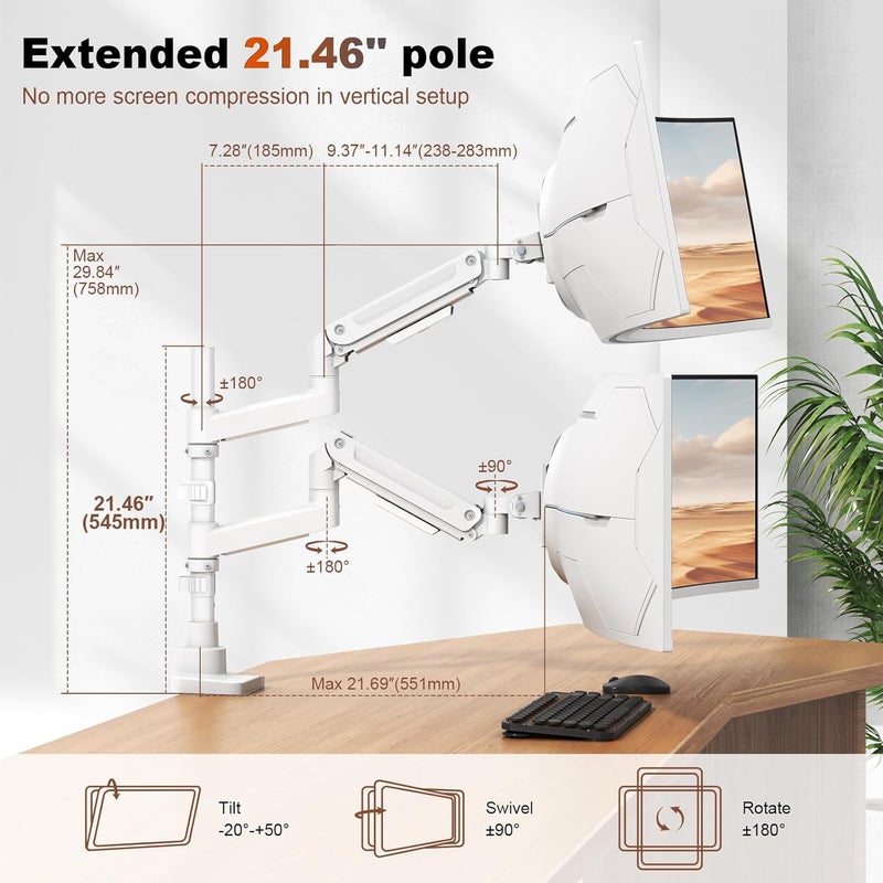 PUTORSEN Dual Monitor-Arm Heavy-Duty for 17-49-inch Screens - Vertical Stacked Dual Monitor Mount Stand for Ultrawide Screens up to 44lbs, Aluminum,Full Motion, VESA 75/100 mm, White - Image 4