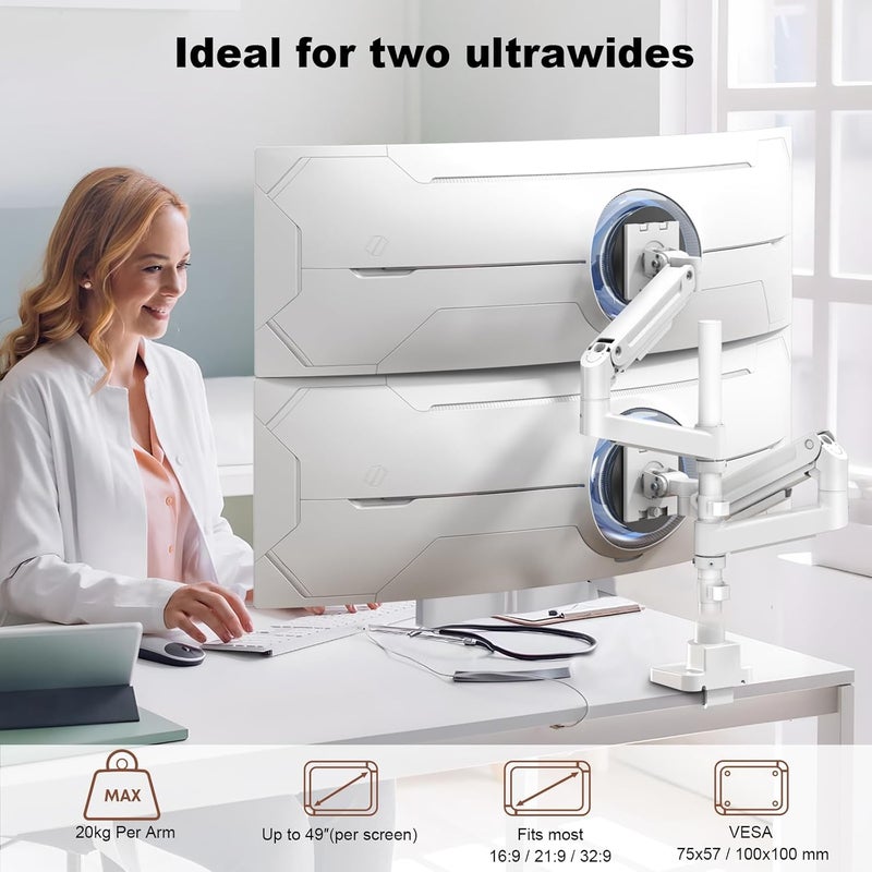 PUTORSEN Dual Monitor-Arm Heavy-Duty for 17-49-inch Screens - Vertical Stacked Dual Monitor Mount Stand for Ultrawide Screens up to 44lbs, Aluminum,Full Motion, VESA 75/100 mm, White - Image 2