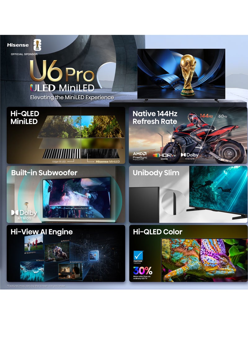 هايسنس Hisense 65 Inch U6 Pro ULED MiniLED 4K VIDAA Smart TV, 144 Hz, , AI Engine, Builtin Subwoofer (55U6Q-PRO) 65U6Q-PRO Black - Image 3