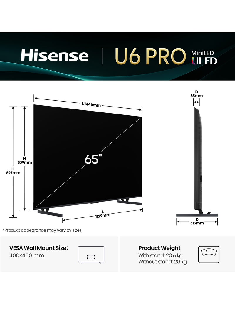 هايسنس Hisense 65 Inch U6 Pro ULED MiniLED 4K VIDAA Smart TV, 144 Hz, , AI Engine, Builtin Subwoofer (55U6Q-PRO) 65U6Q-PRO Black - Image 2