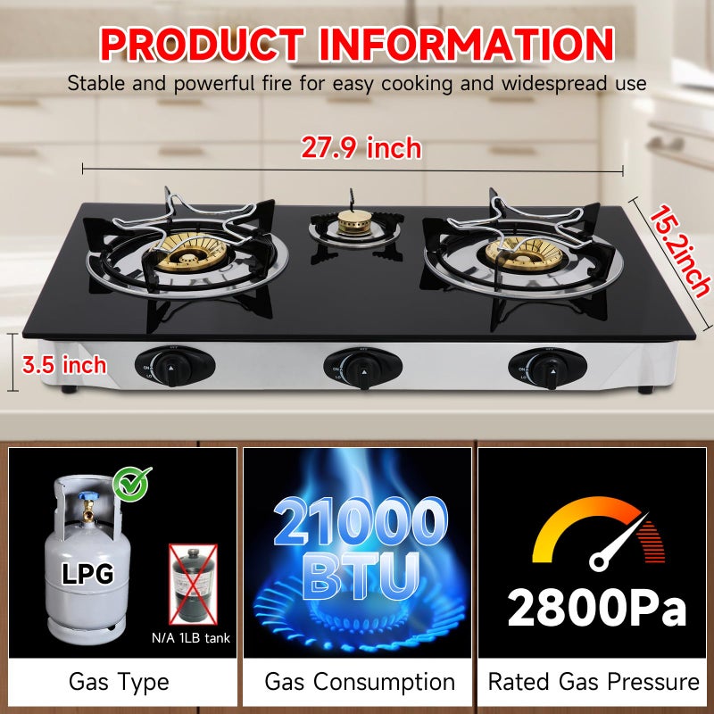 forimo Propane Gas Cooktop,3 Burners Gas Stove portable, 0.28"Tempered Glass, Auto Ignition Camping 3 Burner LPG for RV,Apartments,Outdoor - Image 2