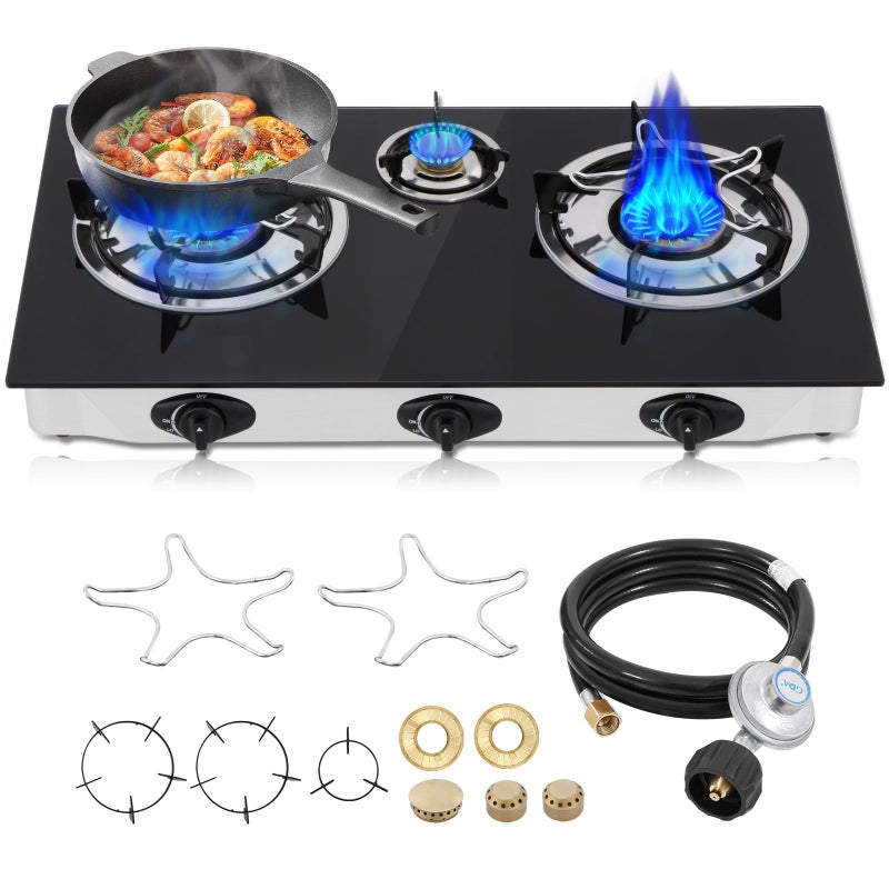 forimo Propane Gas Cooktop,3 Burners Gas Stove portable, 0.28"Tempered Glass, Auto Ignition Camping 3 Burner LPG for RV,Apartments,Outdoor - Image 1