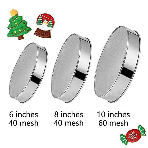 QUDUME 3 Pack Round Flour Sifter, Stainless Steel Fine Mesh Strainers Flour Sieve, 6 Inch and 8 Inch 40 Mesh 10 Inch 60 Mesh for Baking Straining Powdering Cake Bread Pies Pastries Muffin Cake - Image 2