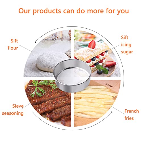QUDUME 3 Pack Round Flour Sifter, Stainless Steel Fine Mesh Strainers Flour Sieve, 6 Inch and 8 Inch 40 Mesh 10 Inch 60 Mesh for Baking Straining Powdering Cake Bread Pies Pastries Muffin Cake - Image 5