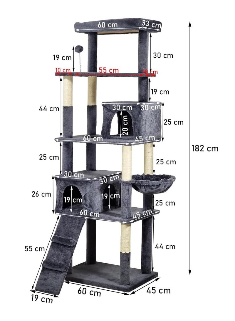 أن ان سي بيتس برج شجرة قطط متعدد المستويات مع مجثم كبير، كرة ملاكمة، عمود خدش، شقق قطط، أرجوحة مريحة، وسلم تسلق، مركز أنشطة شجرة القطط للقطط الداخلية 182 سم (رمادي غامق) - Image 2