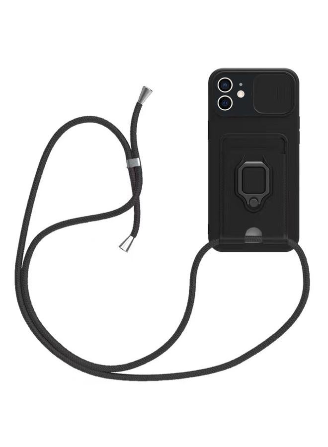اس-توب جراب لهاتف iPhone 11 مزود بحامل بطاقات مغناطيسي منزلق من السيليكون مع حبل قصير - Image 1