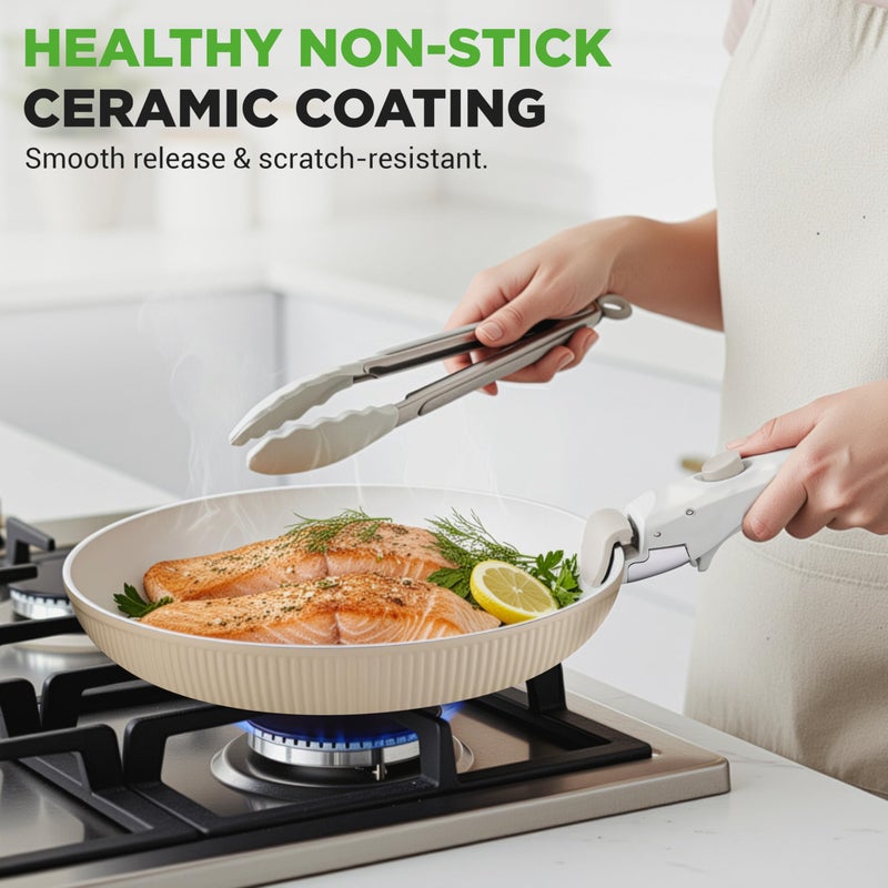 NutriChef 18-Piece Ceramic Cookware Set with Detachable Handles, Non Stick Pots and Pans, PTFE-Free Natural Ceramic Coating, Space-Saving Design, Oven & Stove Safe, Includes Utensils, Cream - Image 2