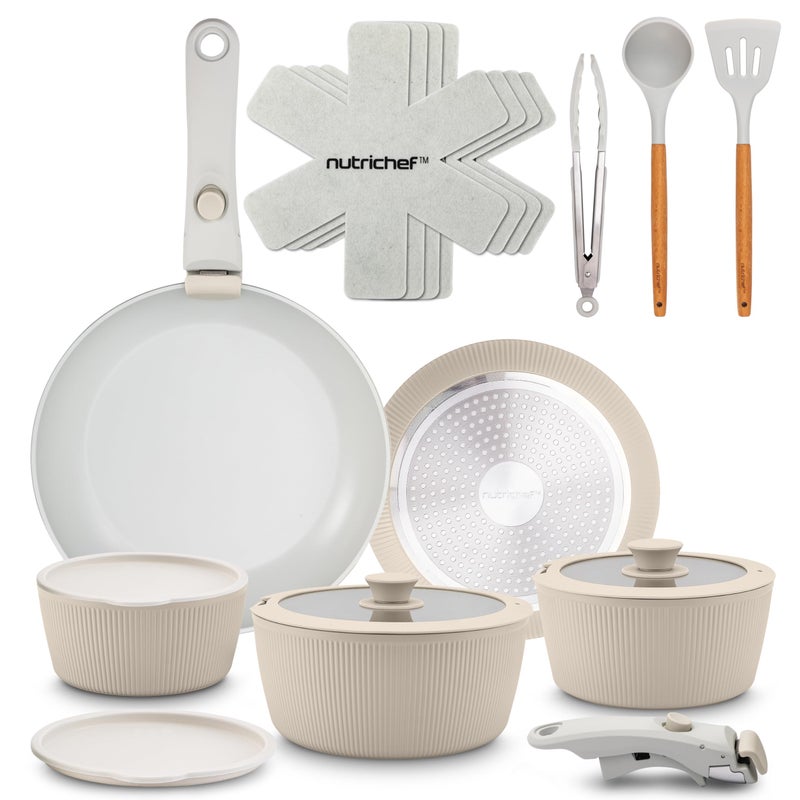 NutriChef 18-Piece Ceramic Cookware Set with Detachable Handles, Non Stick Pots and Pans, PTFE-Free Natural Ceramic Coating, Space-Saving Design, Oven & Stove Safe, Includes Utensils, Cream - Image 1