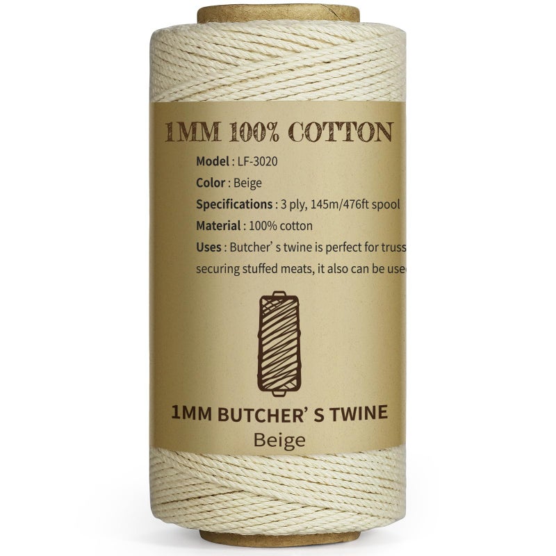 TJMOREE Butchers Twine 3Ply 145m476ft 1mm Thick Feet String Food Oven Safe Cotton Cooking Meat Rope Bakers Twine Fit to Parcel Sausage and Decorate Crafts Beige