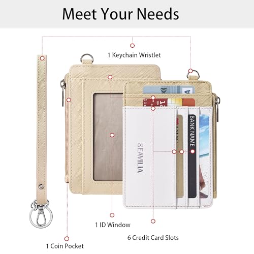SEAVILIA Small Wallet for Women Slim Wristlet Keychain Wallets RFID Credit Card Holder With Zipper Pocket, ID Window (Beige＆Apricot) - Image 2