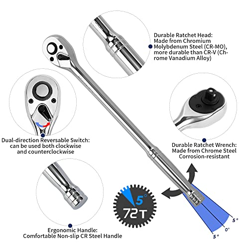 UYECOVE 1/2-Inch Drive Ratchet Wrench, 1/2 Ratchet Wrench Long Handle, Socket Wrench, 72-Tooth Quick-release Reversible Cr-Mo Head, Chrome Steel Made - 20''51cm - Image 2