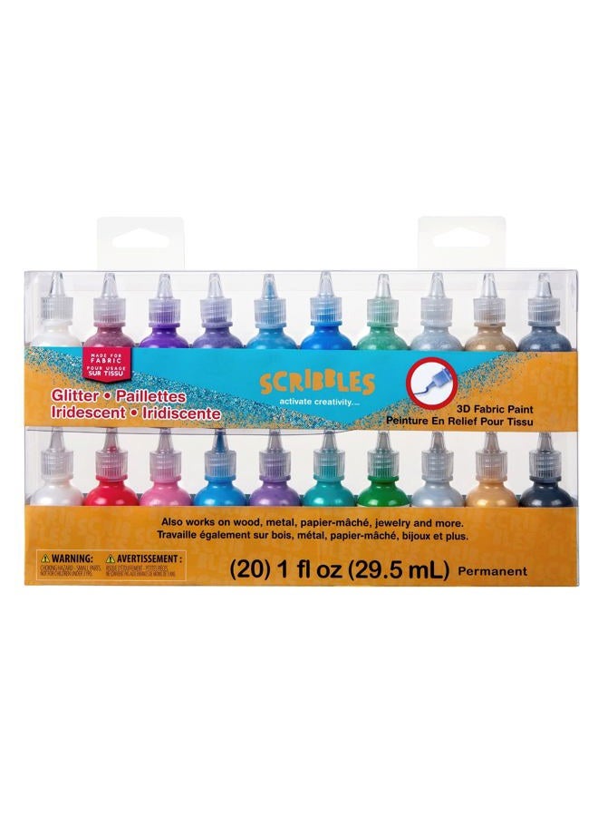 Scribbles Bulk Buy: Scribbles Glitter 3D Paint Glitter - Pack of 20 Glitter, Nontoxic & Permanent Dimensional Paints for Fabrics, T-shirts, Backpacks, Posters, Glass, Wood and More  - Image 1