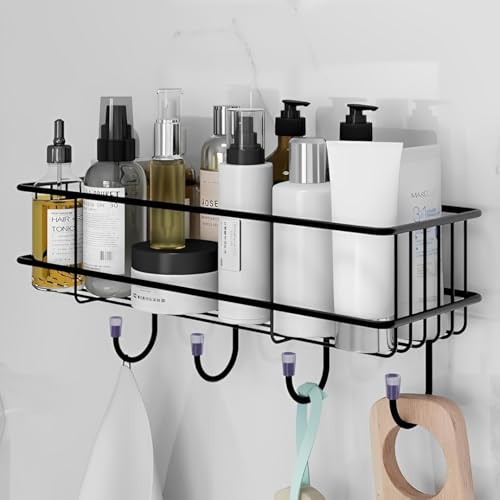 Puno Heavy Duty Wall Mounted Steel Bathroom Shelf with 4 Hooks | Self-Adhesive Storage Organizer Rack | Waterproof & Rust-Resistant Wall Shelf for Kitchen, Bathroom & More (Black) - Image 1